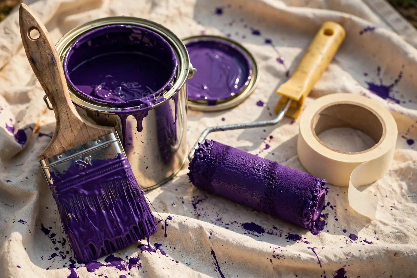 A paintbrush, roller, and open can of violet paint on a drop cloth