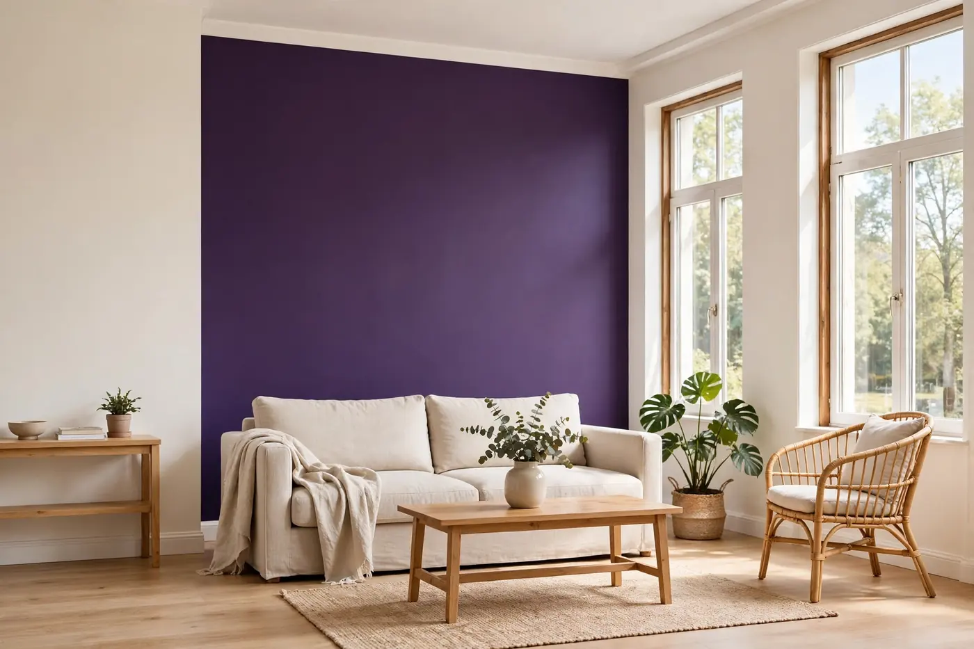 A bright freshly painted living room with a violet accent wall